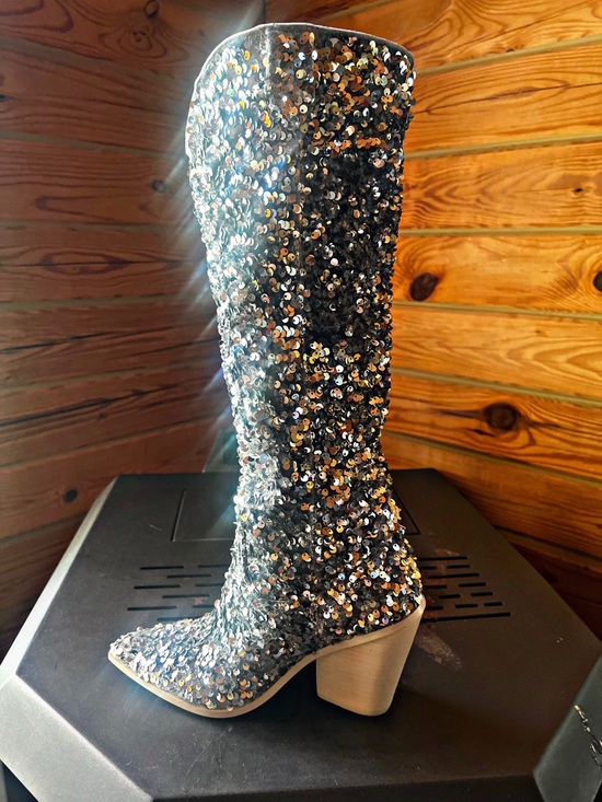 Steve Madden Shoes - Steve Madden Silver Sequin Knee-High Block Heel Boots